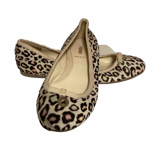 Fendi Multi Bianco Calf Hair Leopard Print Bow Flats Size 38.5/.US 7.5 LSHE134 - Picture 1 of 6